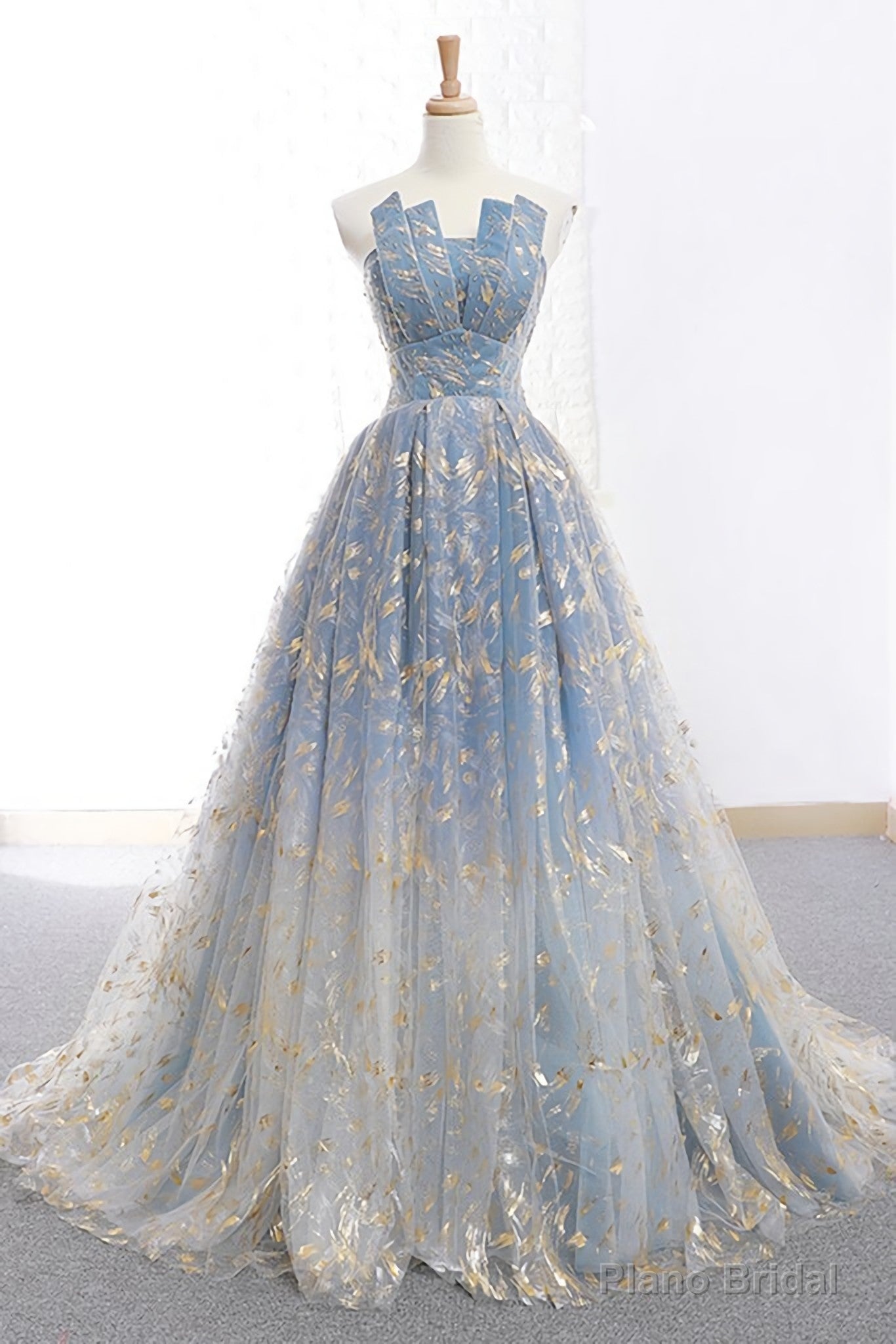 Elegant A Line Blue Tulle Long Strapless Lace Up Gold Evening Dress, Prom Dresses, Js223 Main image