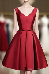 Simple Burgundy Satin V Neck Short Formal Prom Dresses, Evening Dresses