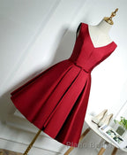 Simple Burgundy Satin V Neck Short Formal Prom Dresses, Evening Dresses