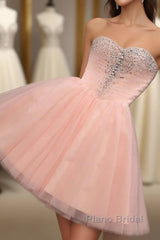 Pink A Line Sweetheart Neck Short Formal Prom Dress, Homecoming Dresses