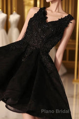 Black V Neck Lace Short Formal Prom Dresses, Homecoming Dresses, Homecoming Dresses