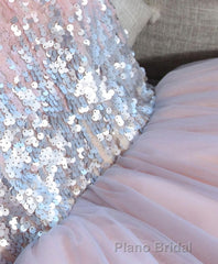 Cute Pink V Neck Tulle Seqsuins Short Formal Prom Dresses, Cocktail Dresses