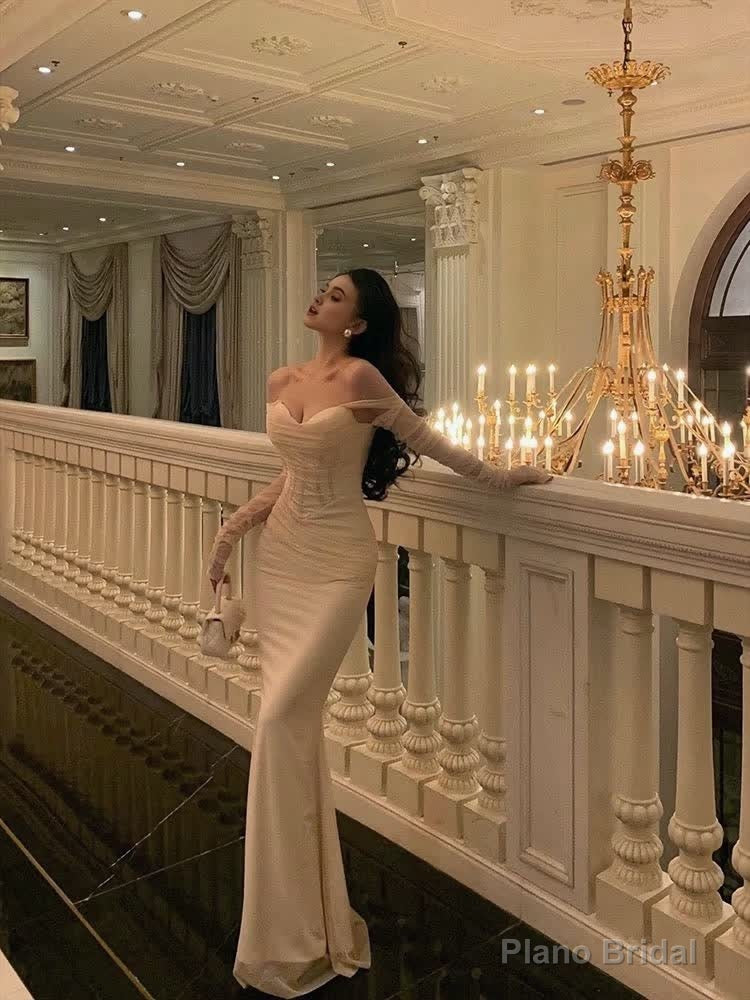 Chic Mermaid Off The Shoulder Long Sleeves White Long Prom Dresses Birthday Dress Secondary image