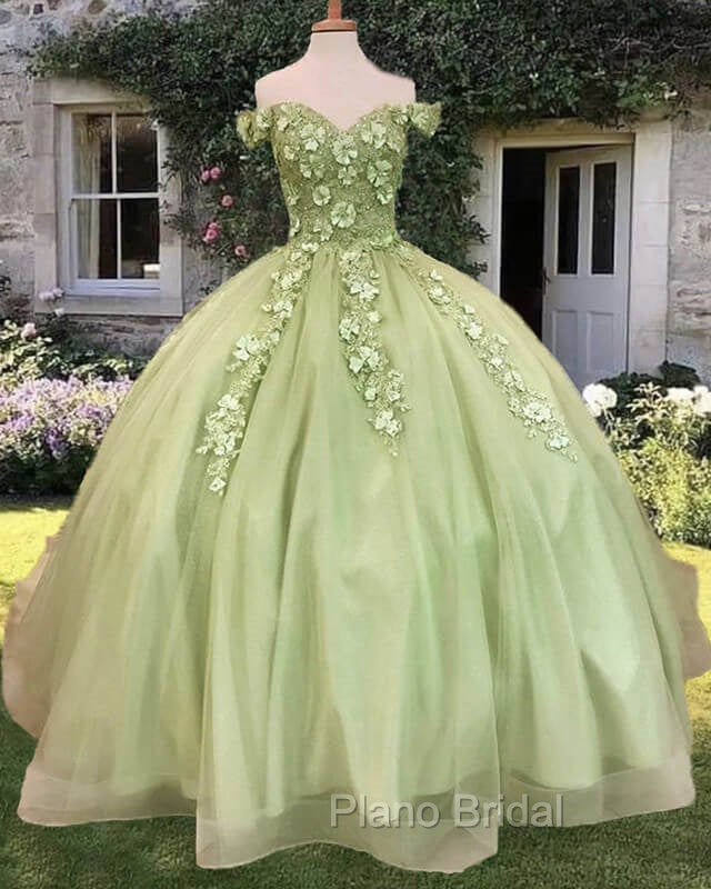 Sage Ball Gown 3D Flowers Off The Shoulder Dresses