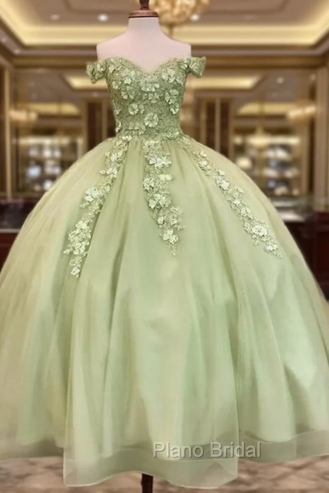 Sage Ball Gown 3D Flowers Off The Shoulder Dresses