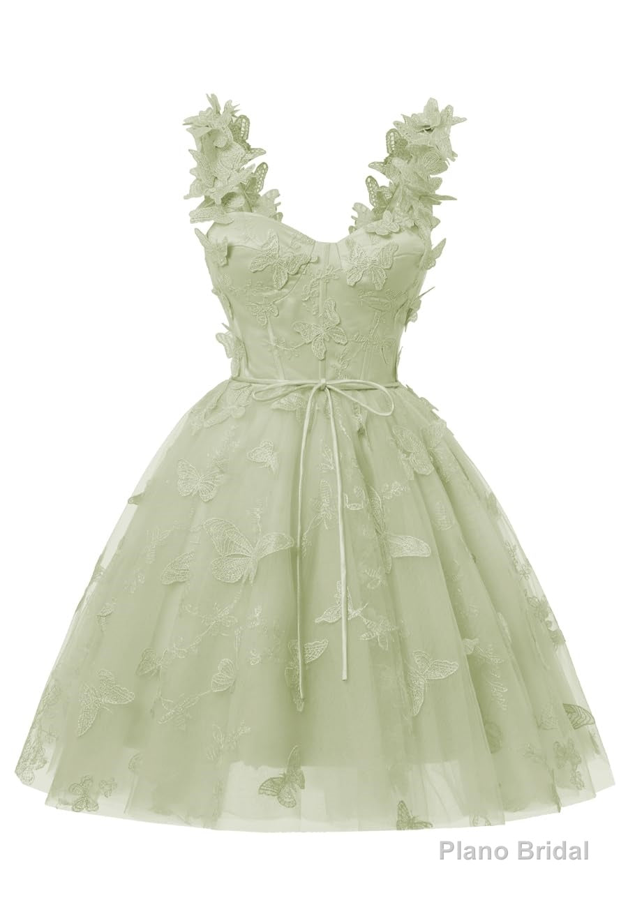 Sage Green 3D Butterfly Lace Applique Tulle Homecoming Dress for Teens Sweetheart Mini Short Prom Dresses Main image