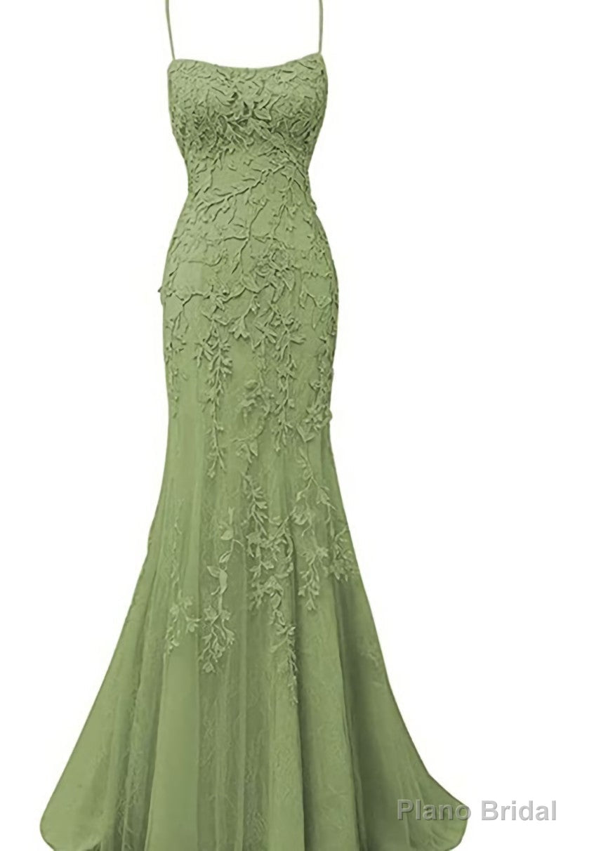 Sage Green Lace Appliques Dresses Long Prom Dress Mermaid Spaghetti Straps Evening Dress Main image