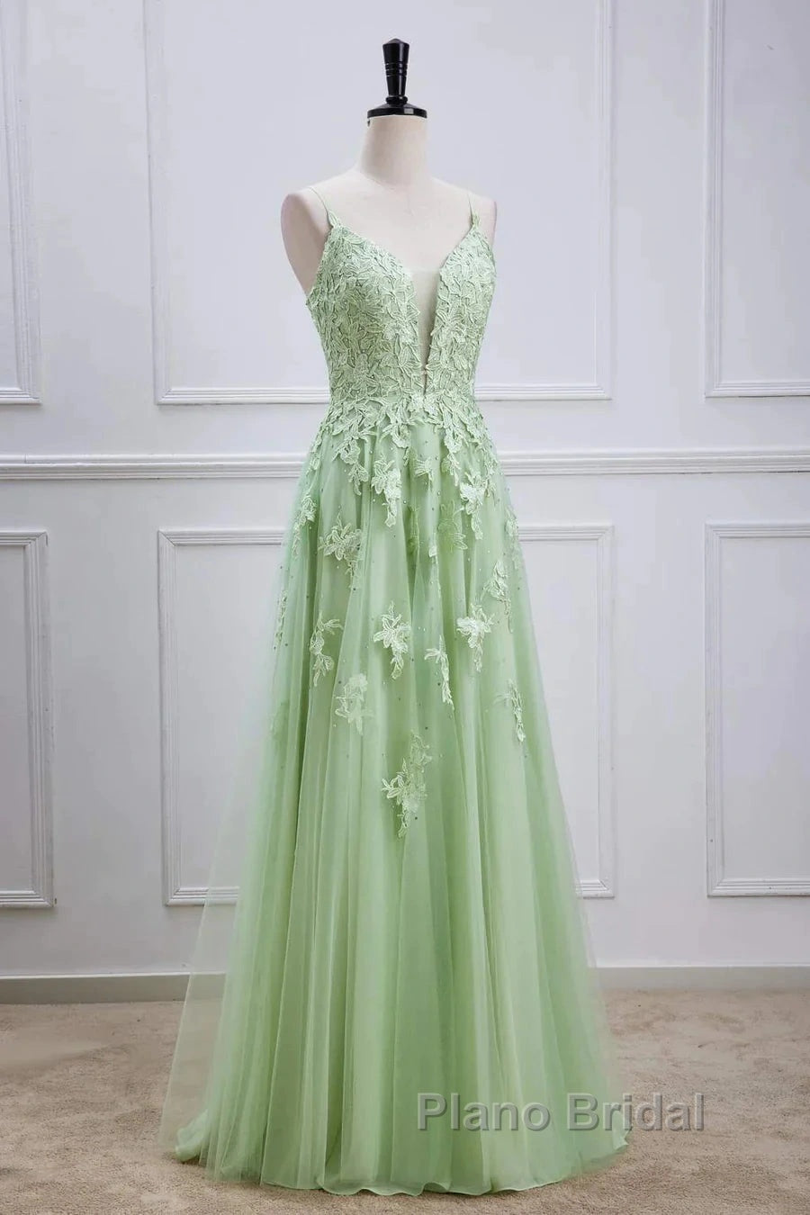Sage Green Long Formal Prom Dresses Lace Appliques V Neck Lace-Up Secondary image
