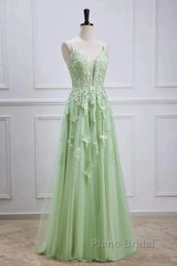 Sage Green Long Formal Prom Dresses Lace Appliques V Neck Lace-Up