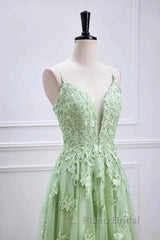 Sage Green Long Formal Prom Dresses Lace Appliques V Neck Lace-Up