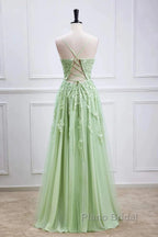 Sage Green Long Formal Prom Dresses Lace Appliques V Neck Lace-Up