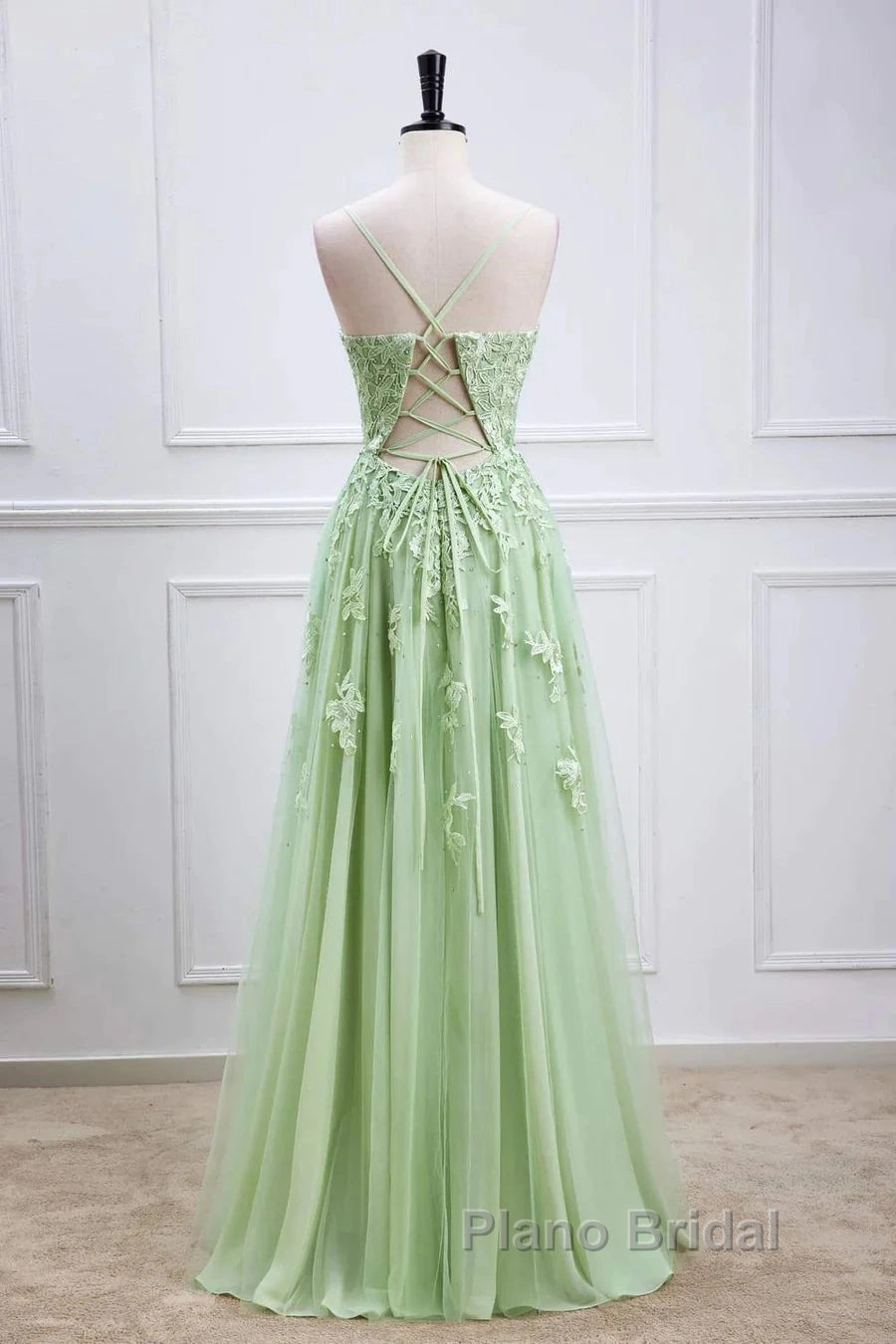Sage Green Long Formal Prom Dresses Lace Appliques V Neck Lace-Up