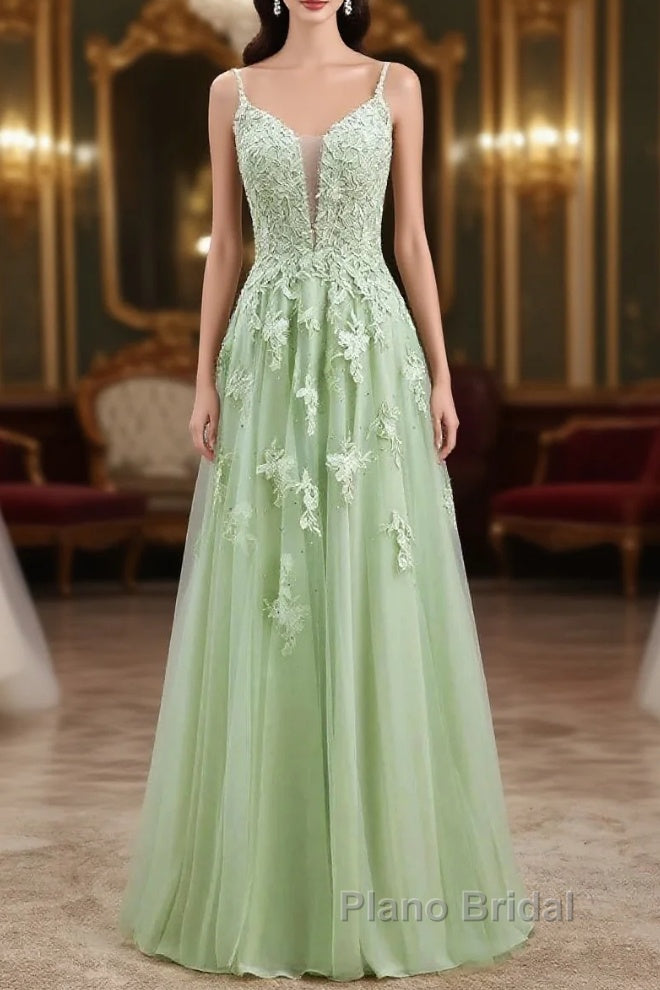 Sage Green Long Formal Prom Dresses Lace Appliques V Neck Lace-Up Main image