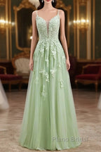 Sage Green Long Formal Prom Dresses Lace Appliques V Neck Lace-Up