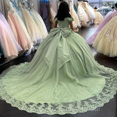 Sage Green Princess Quinceanera Dresses Ball Gown Applique Off Shoulder Sweet 16 Formal Prom Dresses