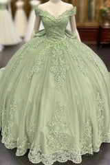 Sage Green Princess Quinceanera Dresses Ball Gown Applique Off Shoulder Sweet 16 Formal Prom Dresses