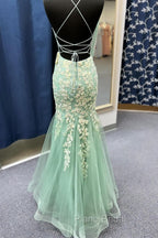 Sage Green Spaghetti Straps Mermaid Formal Prom Dresses With Appliques