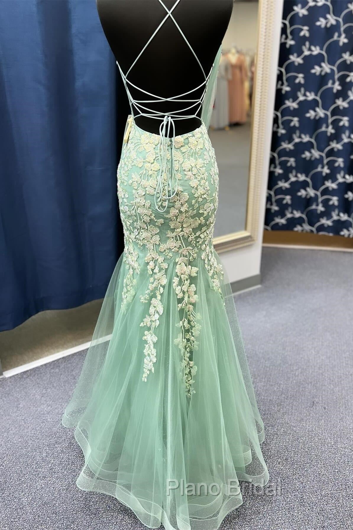 Sage Green Spaghetti Straps Mermaid Formal Prom Dresses With Appliques