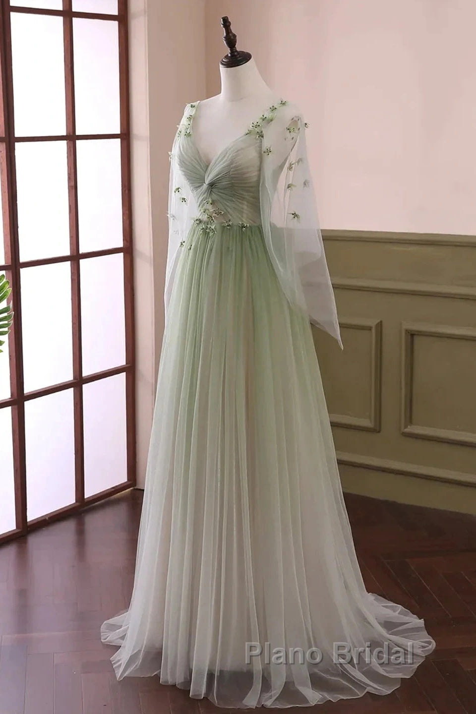 Sage Green Tulle Long Sleeve 3D Flower Formal Prom Dresses