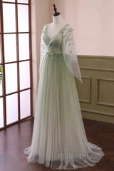 Sage Green Tulle Long Sleeve 3D Flower Formal Prom Dresses