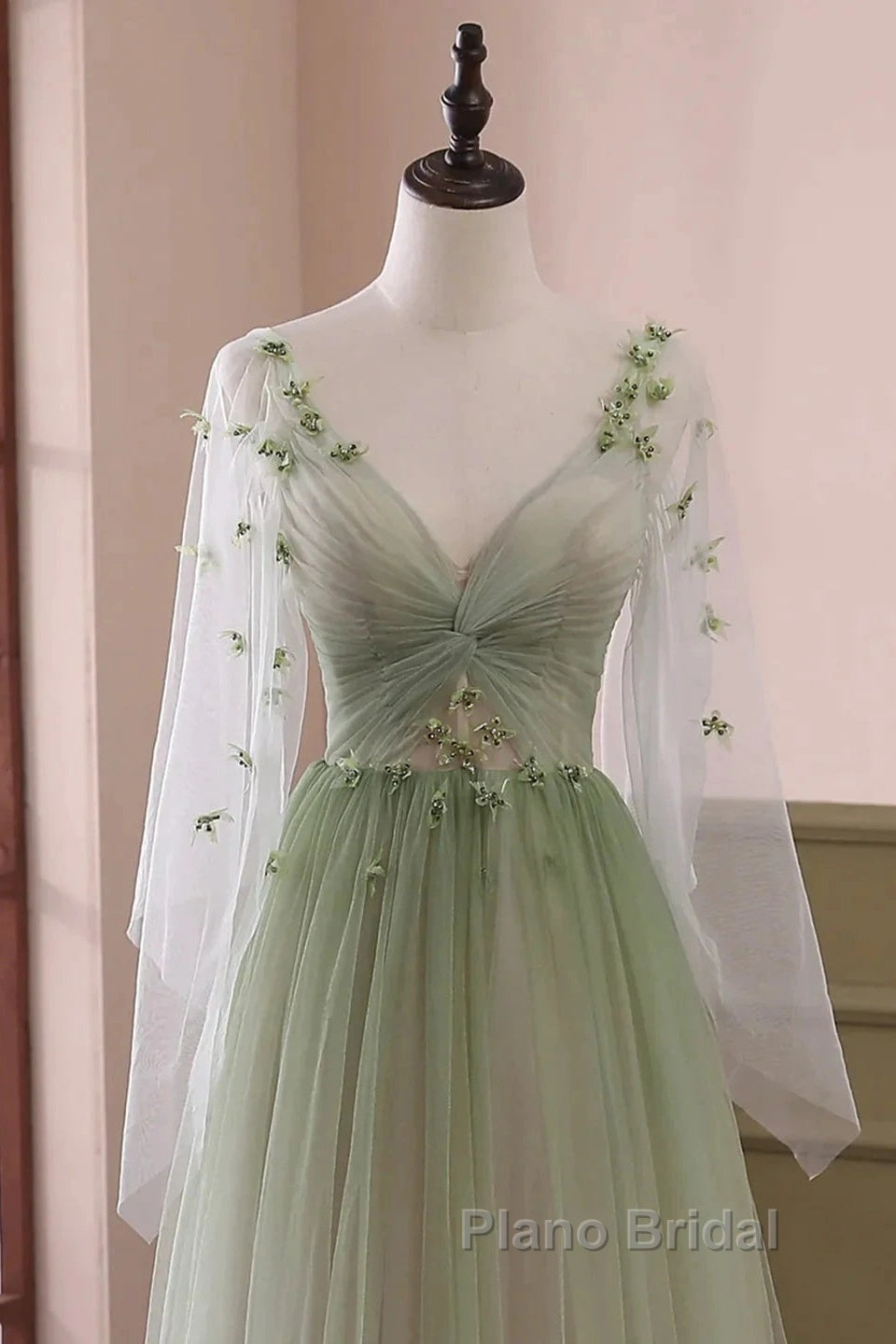 Sage Green Tulle Long Sleeve 3D Flower Formal Prom Dresses