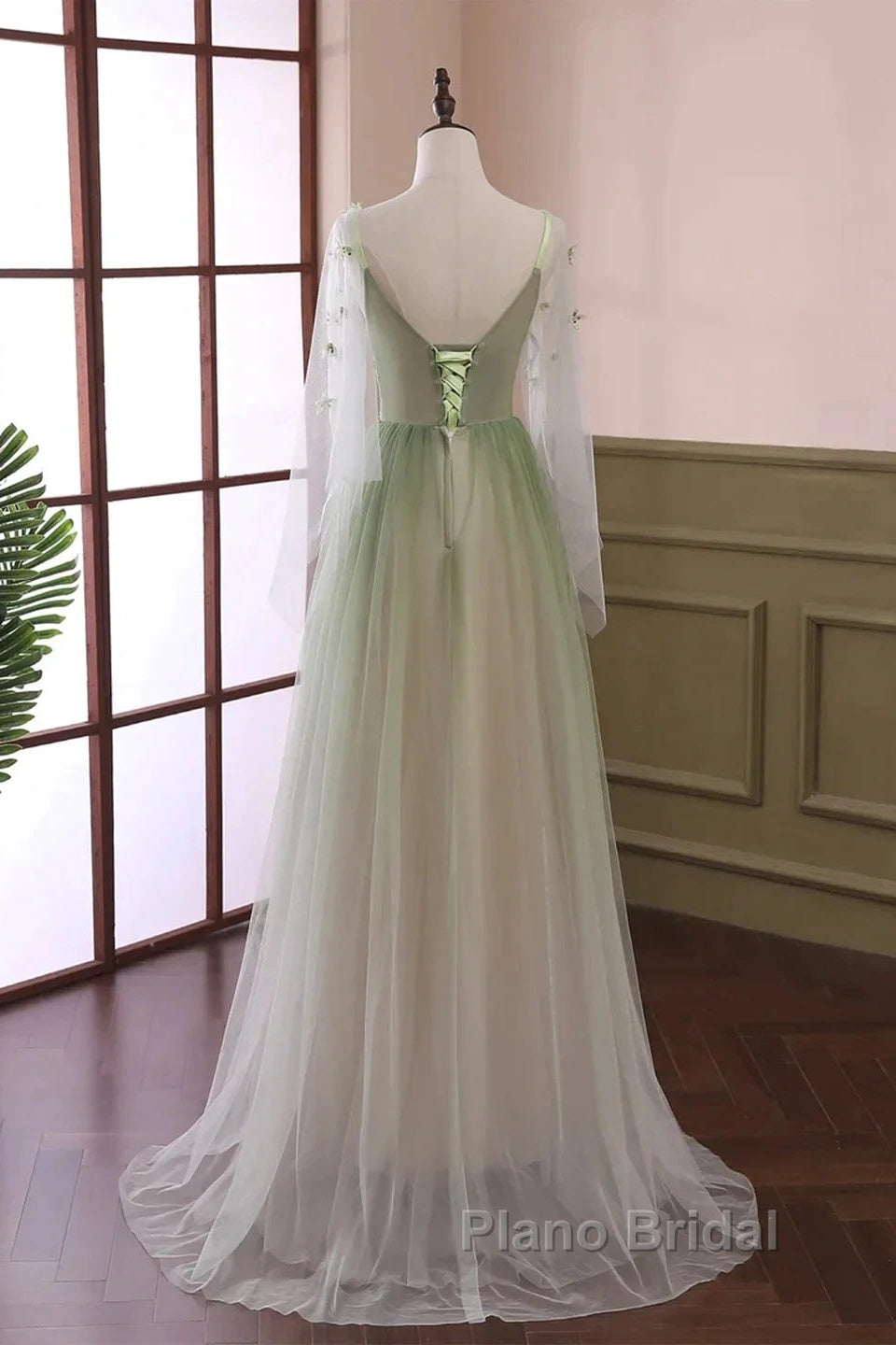 Sage Green Tulle Long Sleeve 3D Flower Formal Prom Dresses