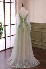Sage Green Tulle Long Sleeve 3D Flower Formal Prom Dresses