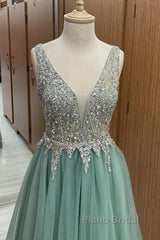 Sage Green Tulle V Neck Beaded Dresses