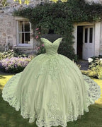 Sage Lace Off Shoulder Quinceanera Dresses