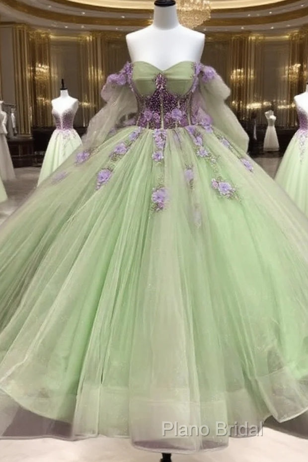 Sage Long Sleeve Ball Gown Dresses With Purple Flowers Main image