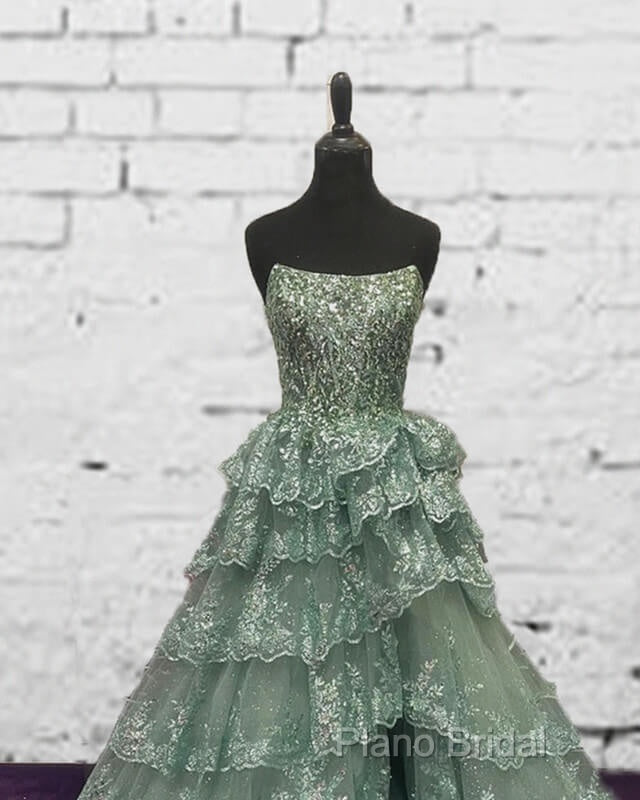 Sage Tiered Lace Strapless Dresses Secondary image