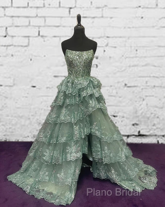 Sage Tiered Lace Strapless Dresses