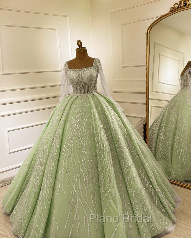 Sage Tulle Ball Gown With Sequin Pattern