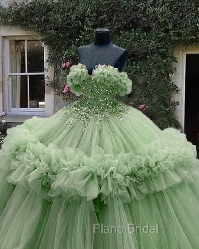 Sage Tulle Ruffless Ball Gown Appliques Dresses