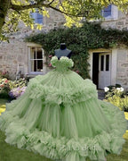 Sage Tulle Ruffless Ball Gown Appliques Dresses