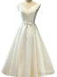 Satin A-Line Short V Neck Sashes Lace Up Tea Length Bridal Dresses