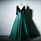 Satin and Velvet Short Sleeves Prom Dress, A-line Green Party Dress