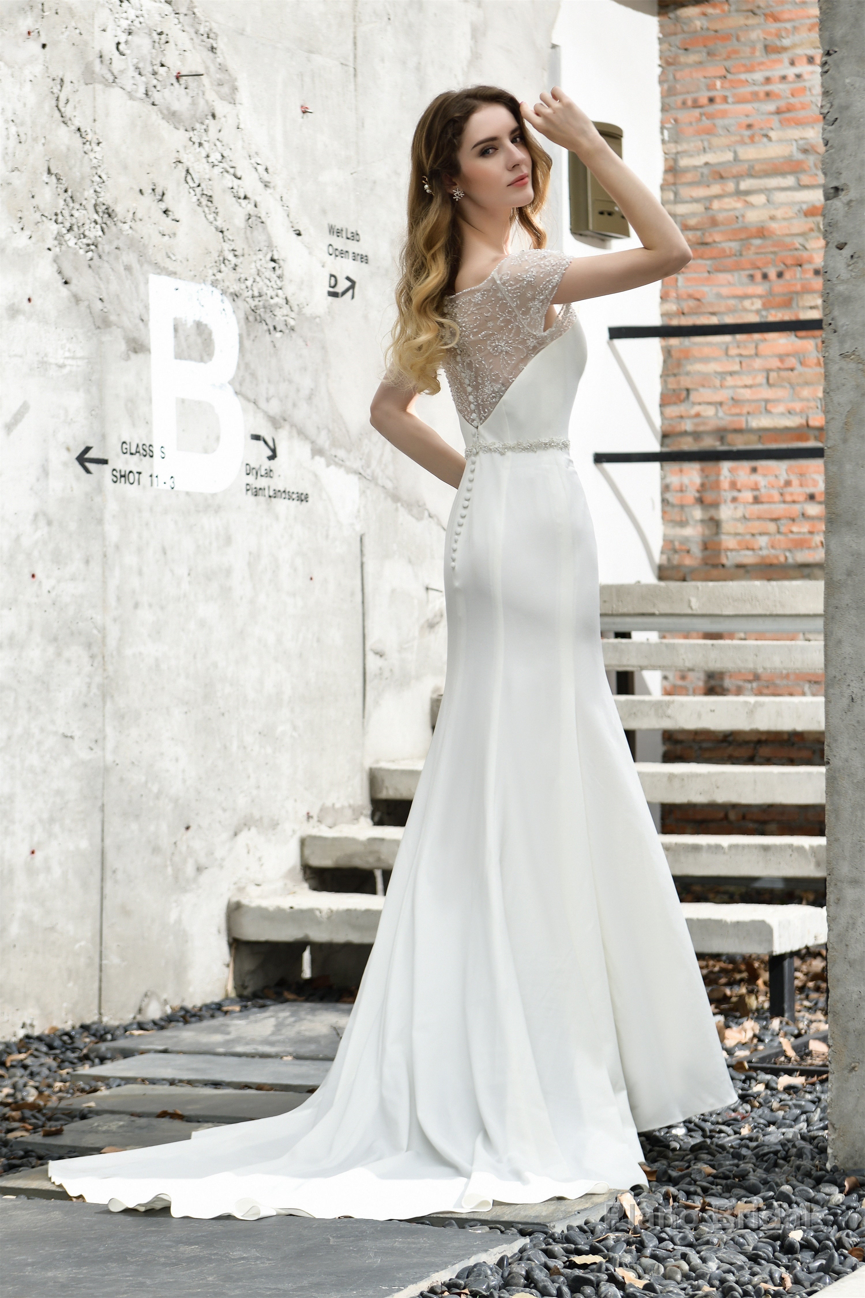 Satin Beaded Boat Neck Cap Sleeve Mermaid Wedding Dresses