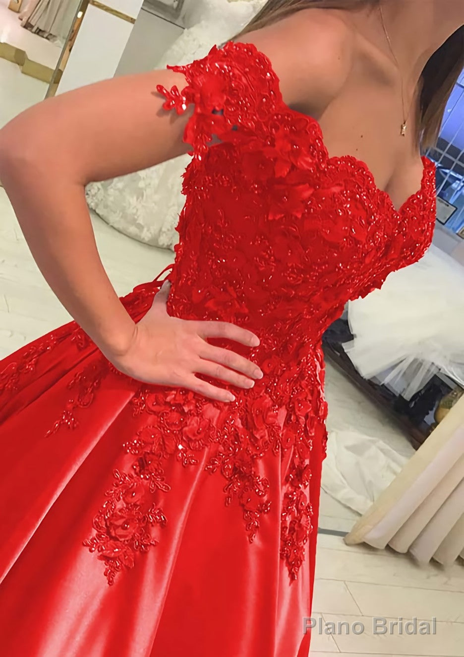 Satin Court Train A-Line/Princess Sleeveless Off-The-Shoulder Prom Dresses With Appliqued