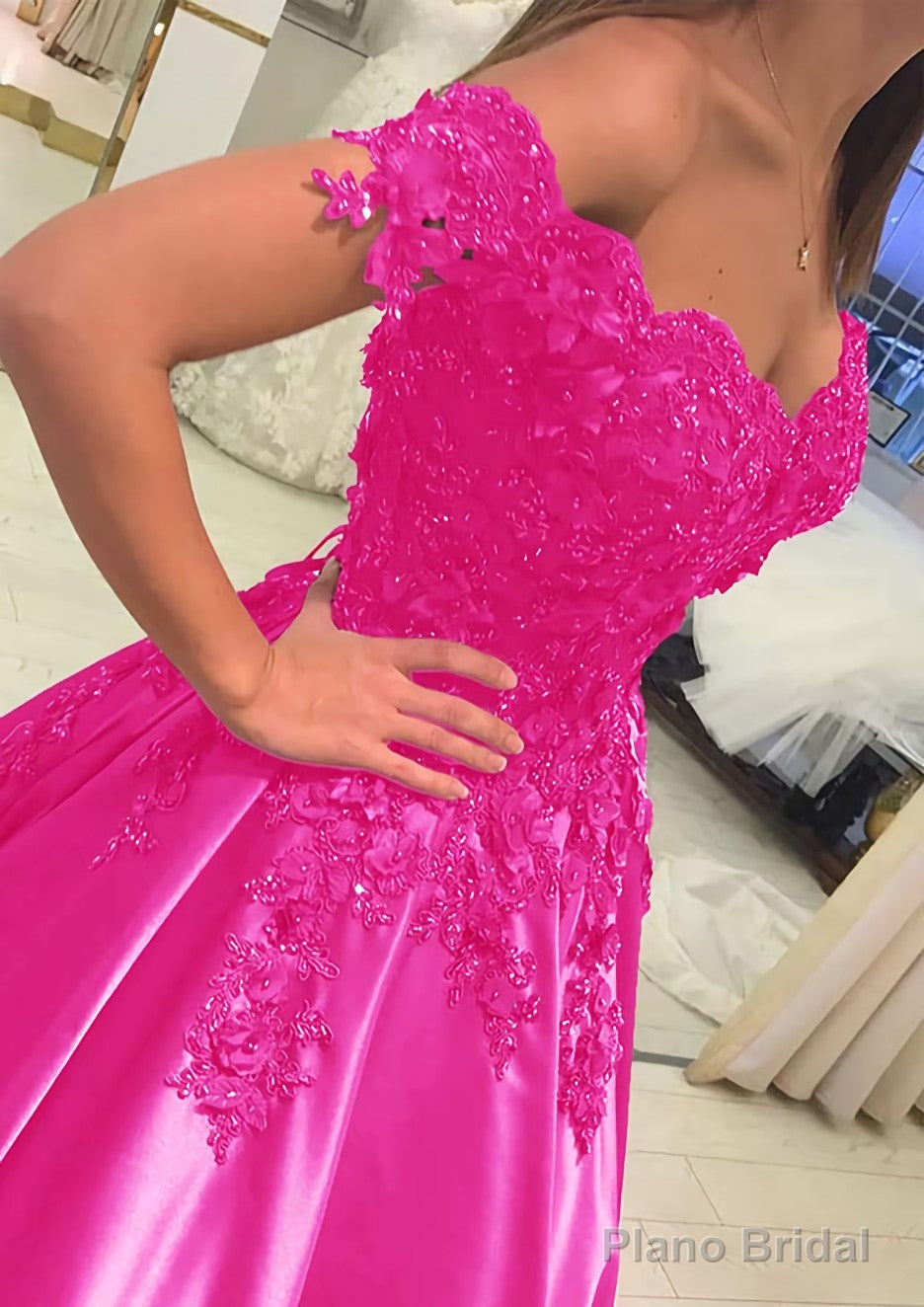 Satin Court Train A-Line/Princess Sleeveless Off-The-Shoulder Prom Dresses With Appliqued