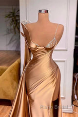 Satin Gold One Shoulder Mermaid Formal Prom Dresses With Slit