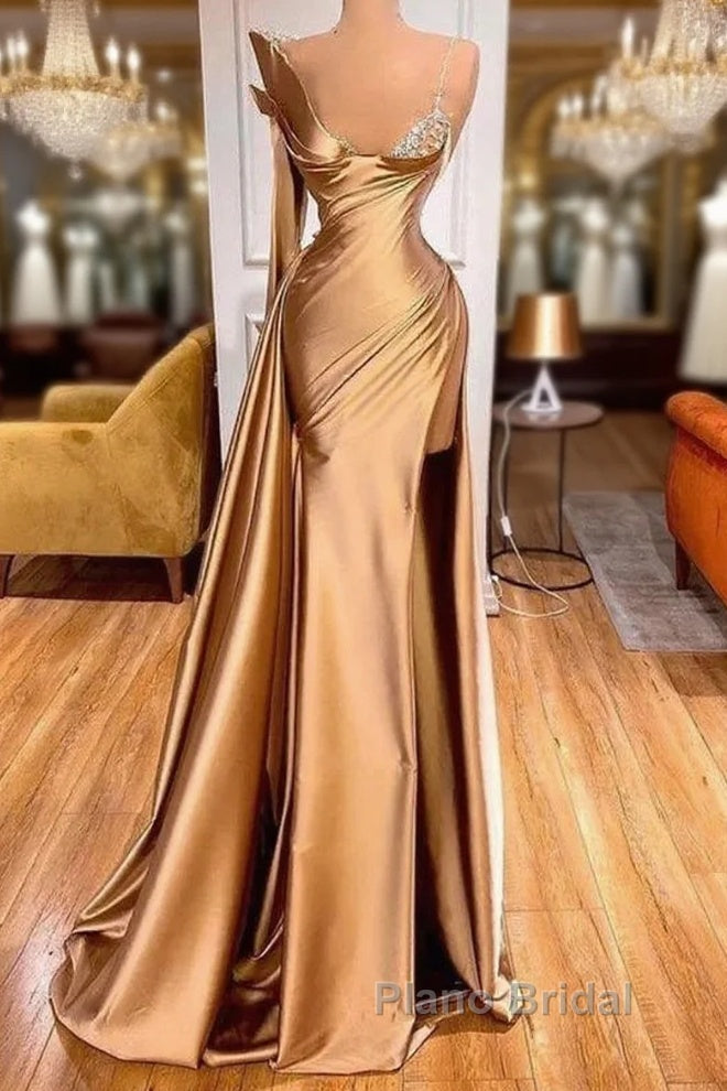 Satin Gold One Shoulder Mermaid Formal Prom Dresses With Slit Main image
