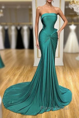 Satin Green Trumpet Mermaid Strapless Ruched Formal Prom Dresses