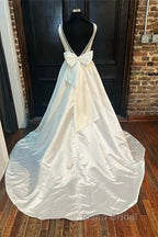 Satin Plunging Neck Bow-Back A-Line Long Wedding Dresses