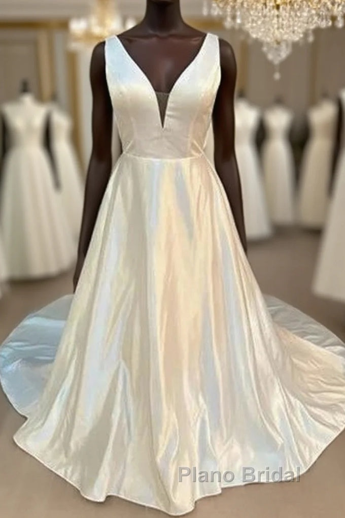 Satin Plunging Neck Bow-Back A-Line Long Wedding Dresses Main image