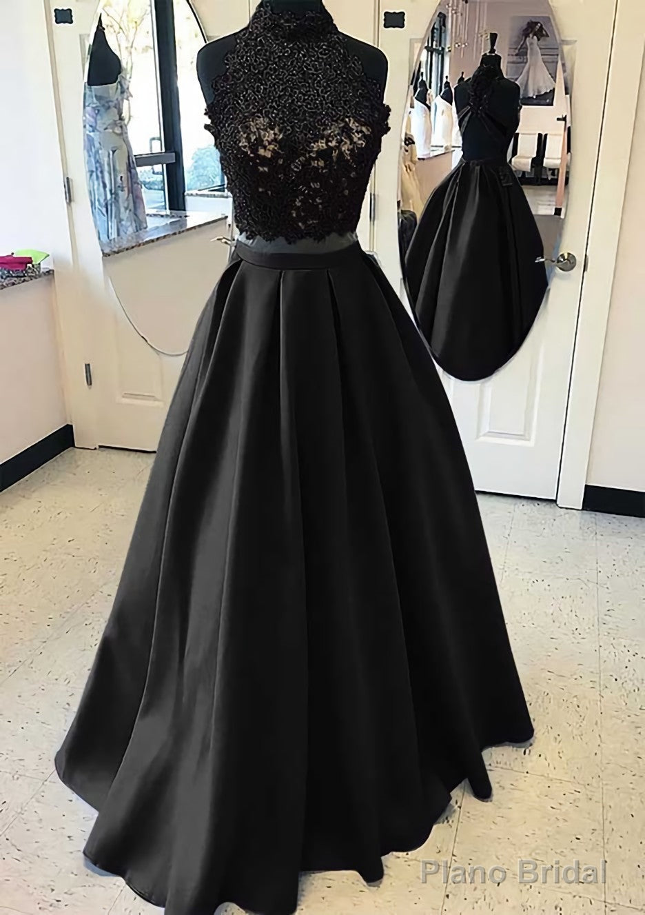 Satin Prom Dresses A-Line/Princess High-Neck Long/Floor-Length With Lace