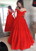 Satin Prom Dresses A-Line/Princess Off-The-Shoulder Long/Floor-Length With Beaded