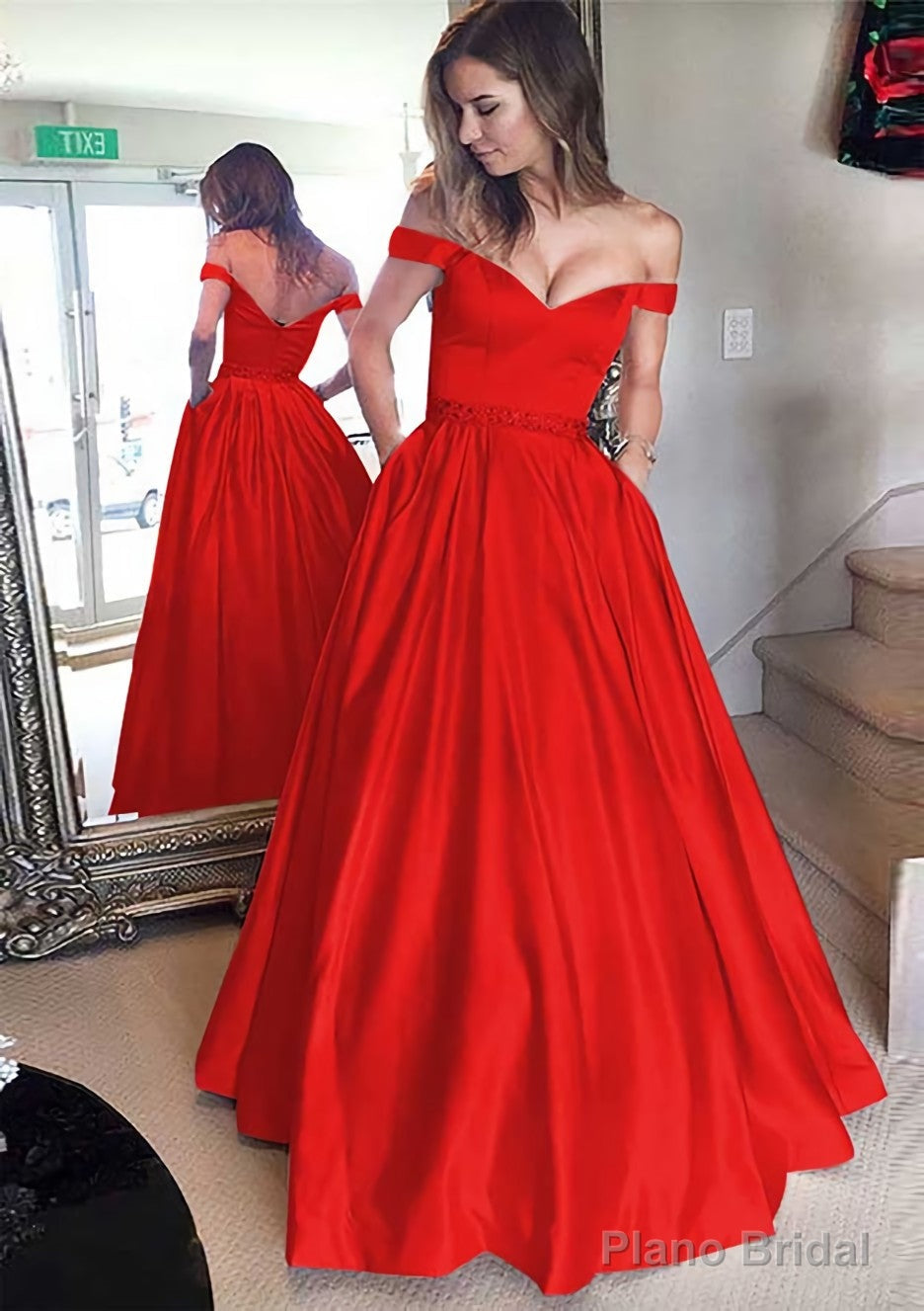 Satin Prom Dresses A-Line/Princess Off-The-Shoulder Long/Floor-Length With Beaded