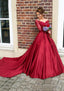 Satin Prom Dresses Ball Gown V-Neck Cathedral Train With Lace