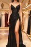 Satin Sheath Column Black Spaghetti Strap Formal Prom Dresses With Slit